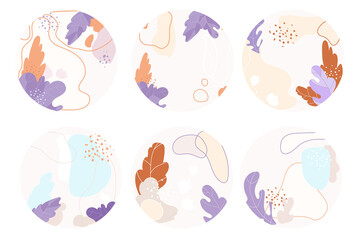 Vector highlight story cover icons for social media. Abstract minimal organic circle backgrounds in modern style with floral elements pastel colors.Can be used as icons, cover, sticker, emblem, logo 