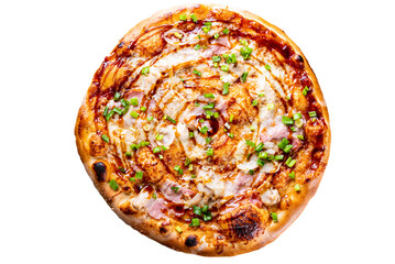 Pizza with chicken and barbeque sauce. Italian pizza isolated on white background