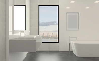Bathroom interior bathtub. 3D rendering.. Mockup.   Empty paintings