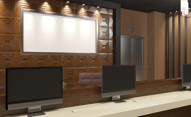 Elegant office interior. Mixed media. 3D rendering.. Mockup.   Empty paintings
