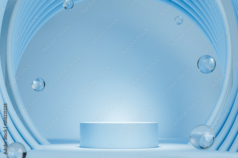 Poster 3d rendering empty cylinder podium on light blue background. abstract scene for product display.