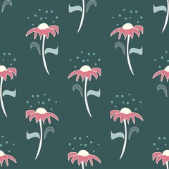 pink flowers on green vector seamless pattern