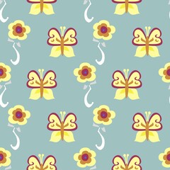 yellow and pink butterflies and flowers vector seamless pattern