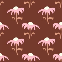 pink flowers on brown vector seamless pattern