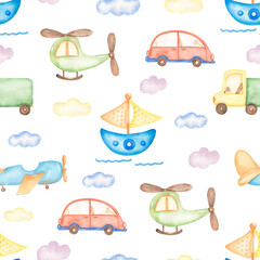 Obraz premium Watercolor transport seamless pattern, Hellicopter print, cute boat paper, airplane and car, hand drawn kids party pattern. Artwork for textiles, fabrics, souvenirs, packaging, greeting card