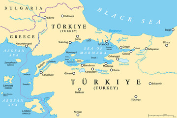 Bosporus and Dardanelles, political map. The Turkish Straits, internationally significant and narrow waterways in Turkey. Passages, connecting the Aegean Sea and the Sea of Marmara with the Black Sea.