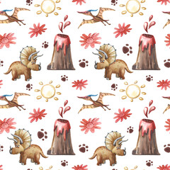 Watercolor brown dinosaur, volcanic, sun and flowers. Seamless pattern © lyubovyaya