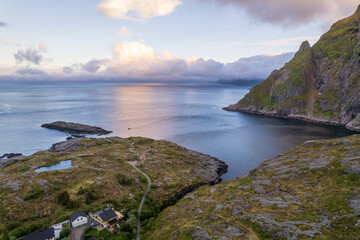 Fototapeta na wymiar Aerial view of village at the end of Lofoten islands in Norway