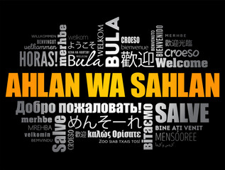 Ahlan Wa Sahlan (Welcome in Arabic) word cloud in different languages