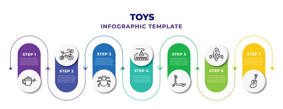 Toys Infographic Design Template With Watering Can Toy, Tricycle Toy, Spider Toy, Piano Scooter Rocket Guitar Icons. Can Be Used For Web, Banner, Info Graph.