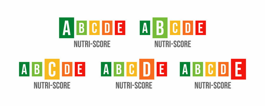 
Vector illustration of nutrition labels isolated on white background. Color nutri-score ranging. Health care signs for food and drink packaging. 