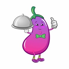 vector mascot character from eggplant cartoon be a waiter and serve dishes