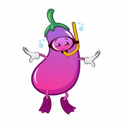 vector mascot character from eggplant cartoon doing a dive
