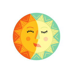 Summer solstice. Sun and moon face symbol on white background