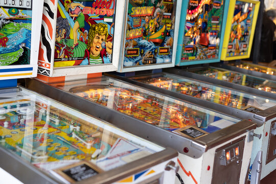 Parma, Italy - march 2022: Group of Vintage 70's Multicolor Pinball Machines