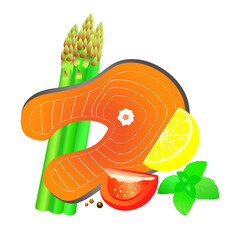 vector illustration of salmon with asparagus and lemon on white background
