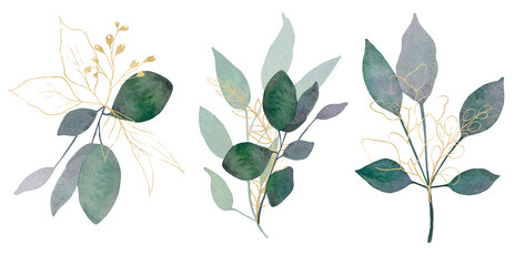 Green golden leaves watercolor, tree branches, foliage composition, hand painted, wedding bouquets clipart, eucalyptus 