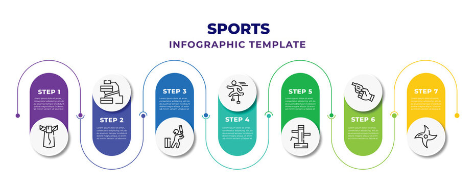 sports infographic design template with mawashi, skibob, cricket player with bat, man jumping an obstacle, wing chun, starting gun, ninja shuriken icons. can be used for web, banner, info graph.