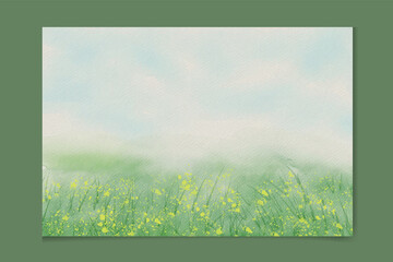 watercolor illustration of landscape with clouds and green grass and flowers field meadow