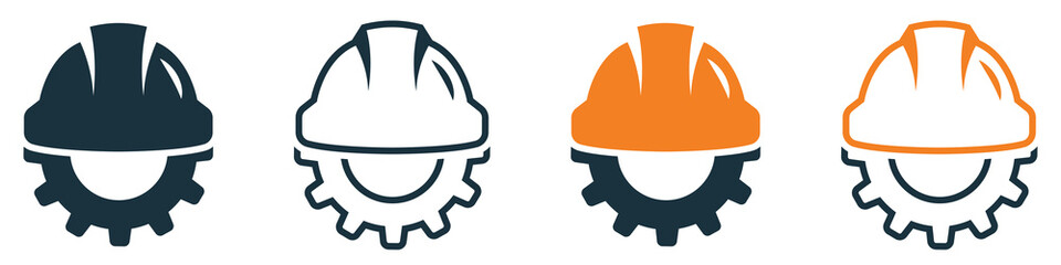 Fototapeta Set of helmet and gear icons. Workwear, helmet construction and cogwheel. Safety and protection, engineer. Construction helmet with gear, vector. obraz