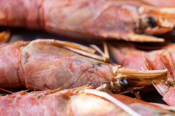 Large langoustine king shrimp close-up macro. Selective focus.