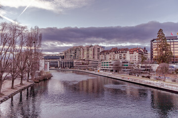 GENEVA, SWITZERLAND - February 20, 2022: Condominium and apartment building with a modern architecture in the Geneva city downtown. Geneva modern architecture.