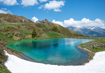 Naklejka na ściany i meble Landscape with Swiss Alps (Bernese Alps), reflecting in a pond at Kleine Scheidegg.