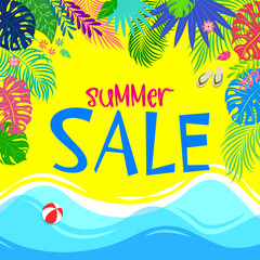 Fototapeta na wymiar Summer sale. Summer colorful banner with stylized beach, sea and sand, resort. Stylized elements on the background, a feeling of hot weather and summer holidays. Banner for travel agency, business