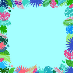 Fototapeta na wymiar Summer background with colorful tropical plants on blue background, banner design. Square poster, greeting card, banner for the site with an empty place to enter text