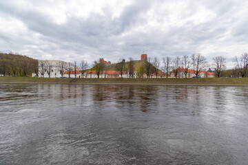 Gediminas tower and the old arsenal view accros the river Neris, Vilnius, Lithuania.