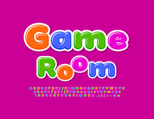 Vector funny banner Game Room with colorful Alphabet Letters, Numbers and Symbols set. Cute playful Font