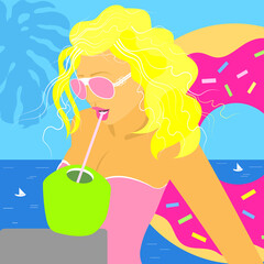 Vector illustration of summer background and beautiful blonde woman drinking coconut water on the beach