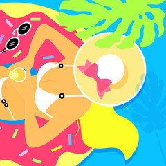 Vector illustration of blonde girl sunbathing on a colorful donut in the blue swimming pool