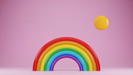 cartoon rainbow with sun, 3d render