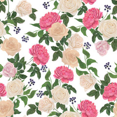 Watercolor painting vintage seamless pattern with rose flowers - 510227619