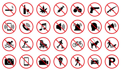 Forbidden Pictogram Set. Attention Restriction Zone Black Silhouette Icon. Caution Red Stop Circle Symbol. Warning No Allowed Round Sign. Prohibited Ban Collection. Isolated Vector Illustration