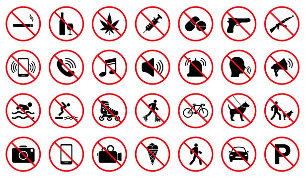 Forbidden Pictogram Set. Attention Restriction Zone Black Silhouette Icon. Caution Red Stop Circle Symbol. Warning No Allowed Round Sign. Prohibited Ban Collection. Isolated Vector Illustration