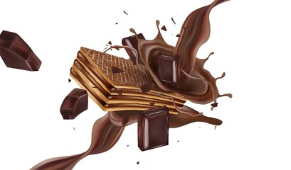 Wafers Chocolate Milky cream in the middle isolated on white background. Realistic vector in 3D illustration.