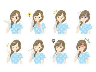 オシャレな若い女性の表情セットイラスト素材