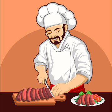 A chef cutting beef meat