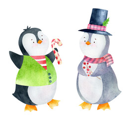 Hand-drawn watercolor baby penguins, Christmas penguin kid illustration, Cute baby animal children graphics, nursery decor, arctic animals, winter holidays