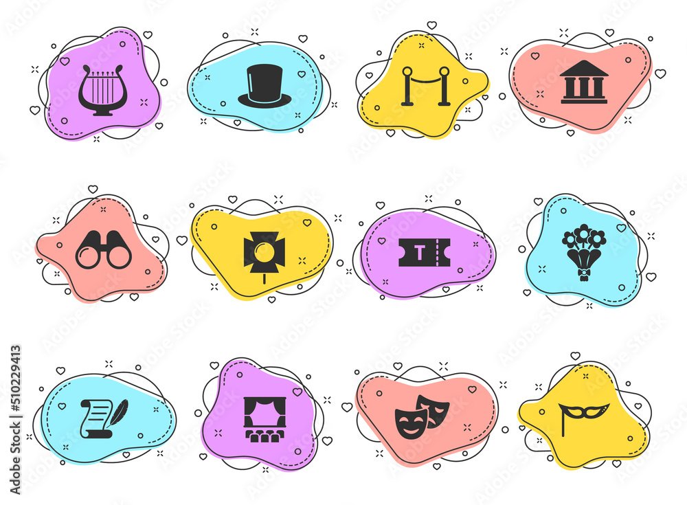 Poster theater glyph vector icons on color bubble shapes isolated on white background. theater icon set for