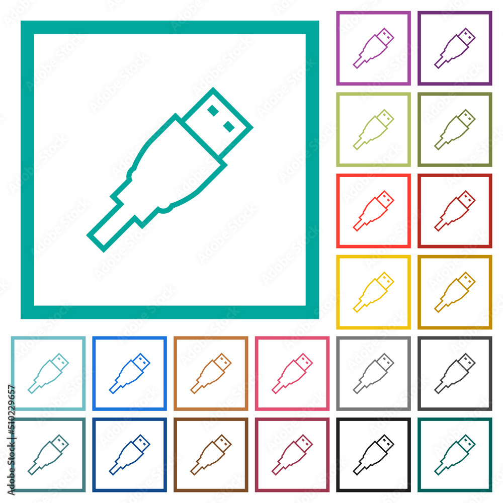 Poster usb plug outline flat color icons with quadrant frames