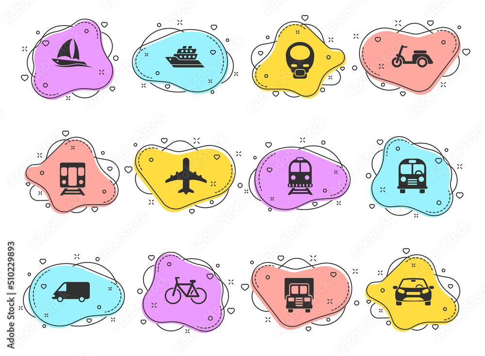Poster transport glyph vector icons on color bubble shapes isolated on white background. transport icon set