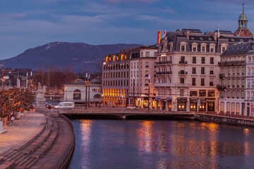GENEVA, SWITZERLAND - February 20, 2022: Historical buildings facades details in Geneve, Switzerland.