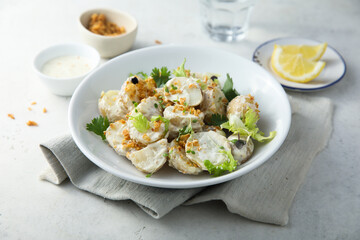Homemade potato salad with onion crunch