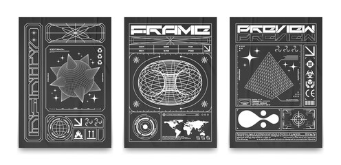 Posters with wireframe 3D torus, pyramids, and spheres with spikes. In techno style, prints for T-shirts, sweatshirts and hoodies. Isolated on black background - obrazy, fototapety, plakaty