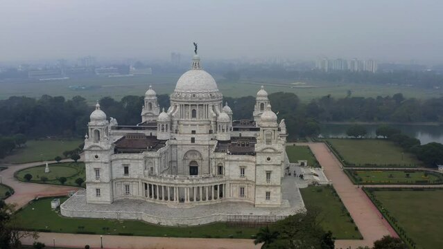 An Aerial shot of Victoria Memorial at Maidan, Kolkata, West Bengal, India 
