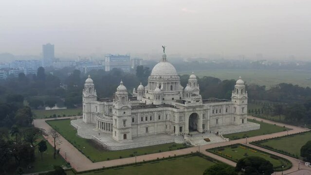 An Aerial shot of Victoria Memorial at Maidan, Kolkata, West Bengal, India 
