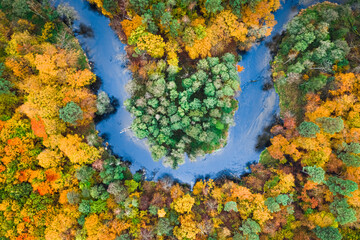 Aerial view of blue river and stunning colorful autumn forest